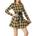 thumbnail image 1 of INSPIRE CHIC Vestido de Camisa A-Line de Manga Larga con Cinturón y Estampado de Cuadros para Mujeres L Amarillo, 1 of 7