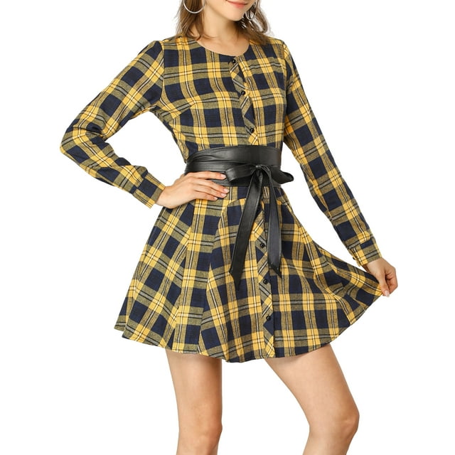 INSPIRE CHIC Vestido de Camisa A-Line de Manga Larga con Cinturón y Estampado de Cuadros para Mujeres L Amarillo