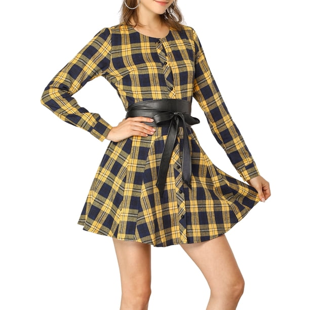 INSPIRE CHIC Vestido de Camisa A-Line de Manga Larga con Cinturón y Estampado de Cuadros para Mujeres L Amarillo