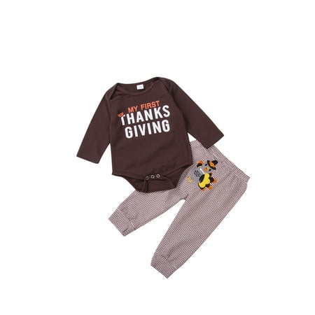 

Yejaeka 2PCS Newborn Thanksgiving Toddler Baby Romper Stripe Pants Outfits
