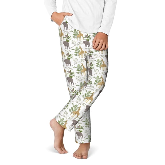 Gukieu Jungle Animal Print Youth Home Trousers, Elastic Waistband with Pockets for Home and Outing, Suitable for Children Aged 5-16-XS(5-6)