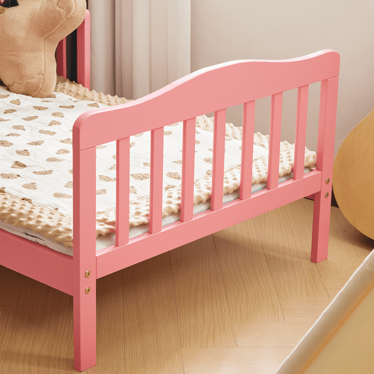 Sesslife Wooden Baby Toddler Bed Children Bedroom Furniture with Safety Guardrails for Girls Boys No Box Spring Needed Pink