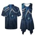 thumbnail image 2 of Psesaysky Couple Hawaiian Luau Outfit Matching Clothes for Husband Wife Octopus Starry Sky Sleeveless Flared Mini Sundress and Button Down Hawaiian Aloha Shirt for Beach Vacation, 2 of 7
