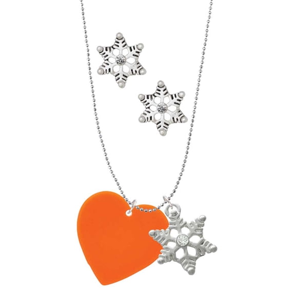 Delight Jewelry Acrylic 1" Orange Heart Silver tone Snowflake Charm Necklace and Stud Earrings