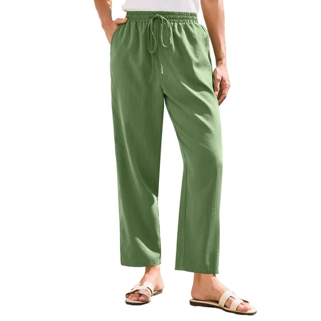 Pantalones informales de lino para mujer - Cintura alta elástica con bolsillos