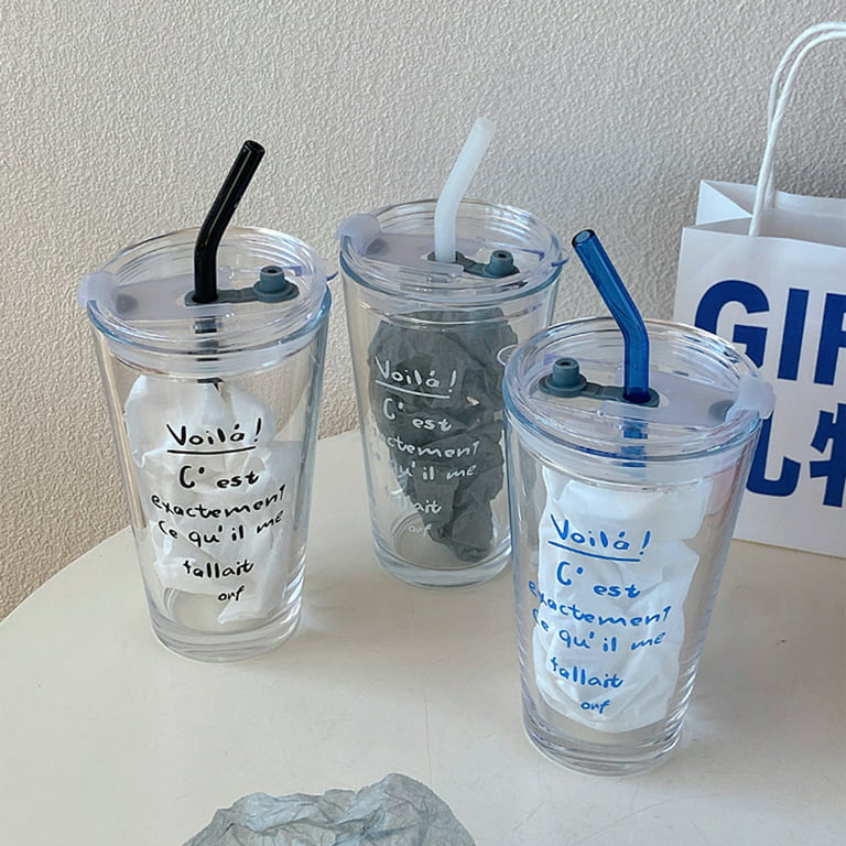Glass Straw Cup Water Cup Glass Water Cup Accompanying Cup Korean Style Ins  Printed Letter Glass Straw Cup Large Capacity Milk Cup Breakfast Cup