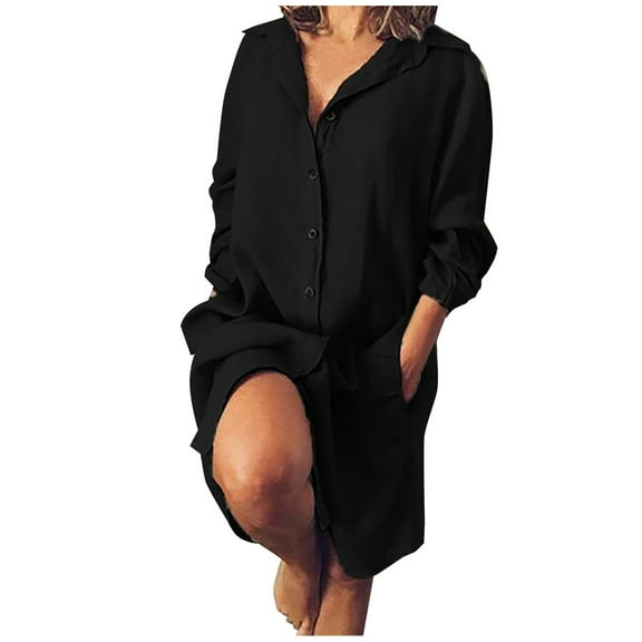 JINMGG Dress for Women Plus Clearance,Women's Solid Loose Double Pocket Long Sleeve Solid Cotton and Linen Cardigan Dress Black L