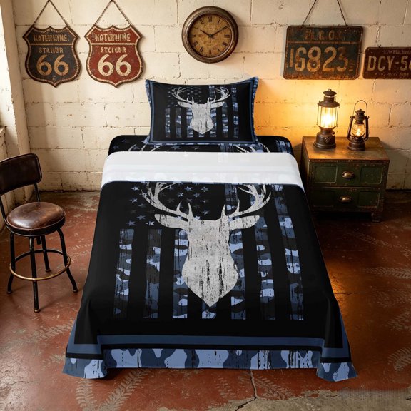 Manfei Hunting Deer Silhouette Twin Sheets, Camo American Flag Bedding, Navy Blue, Navy Reversible 3pcs (1 Flat Sheet, 1 Fitted Sheet and 1 Pillowcase)