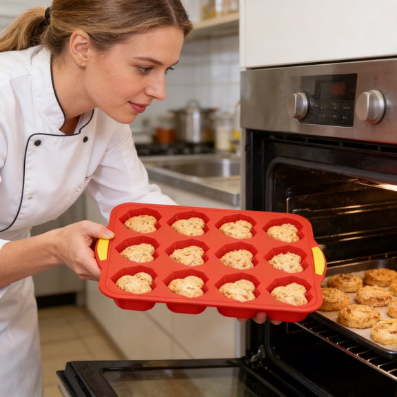 Silicone Heart Shaped Muffin Pan 12 Cup Non Stick Press Bottom Baking Tray for Cupcakes Chocolate Cakes and Egg Bites