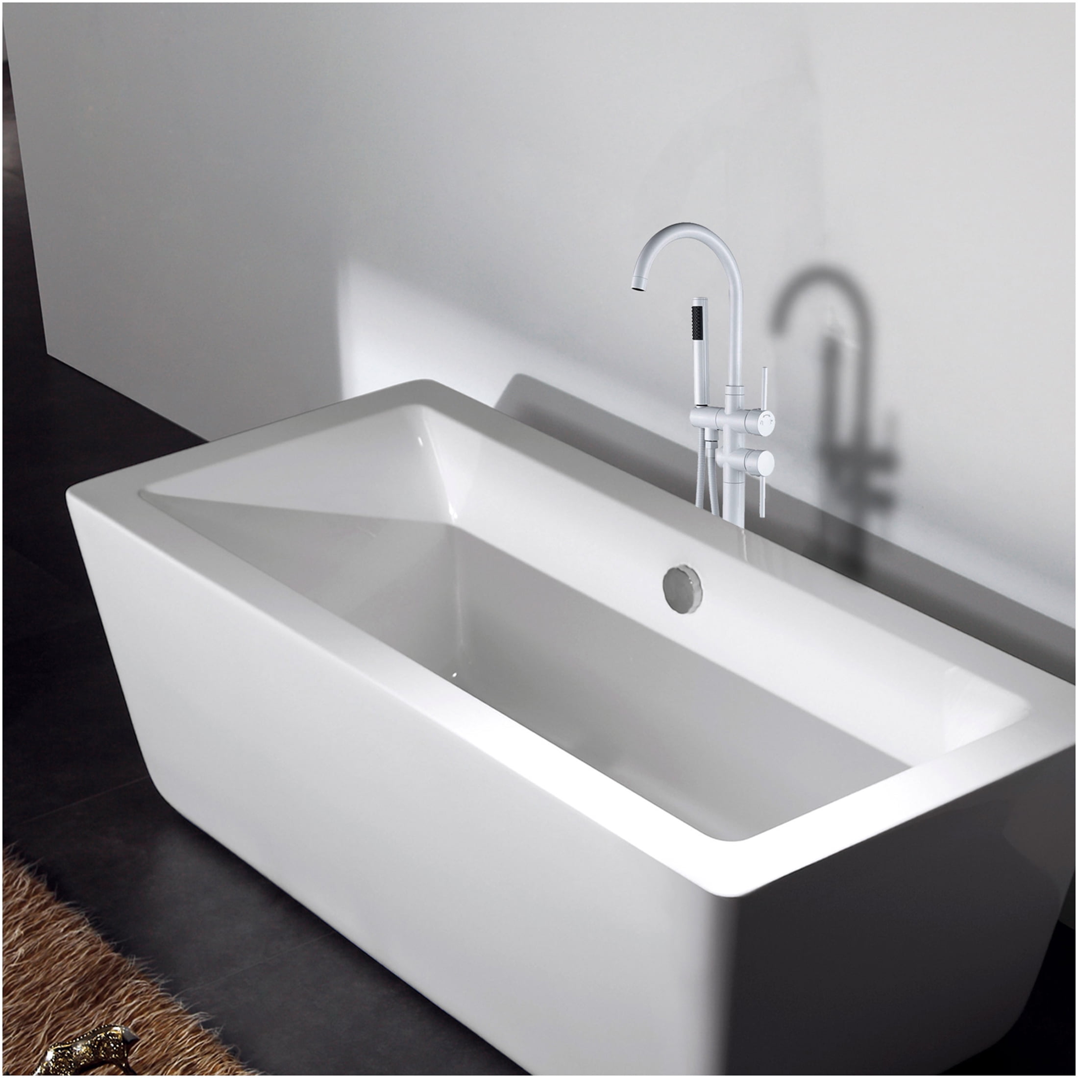 JERFIT White Modern Freestanding Bathtub Faucet with Hand Shower, 3.9 GPM High Flow Deck Mount Tub Filler