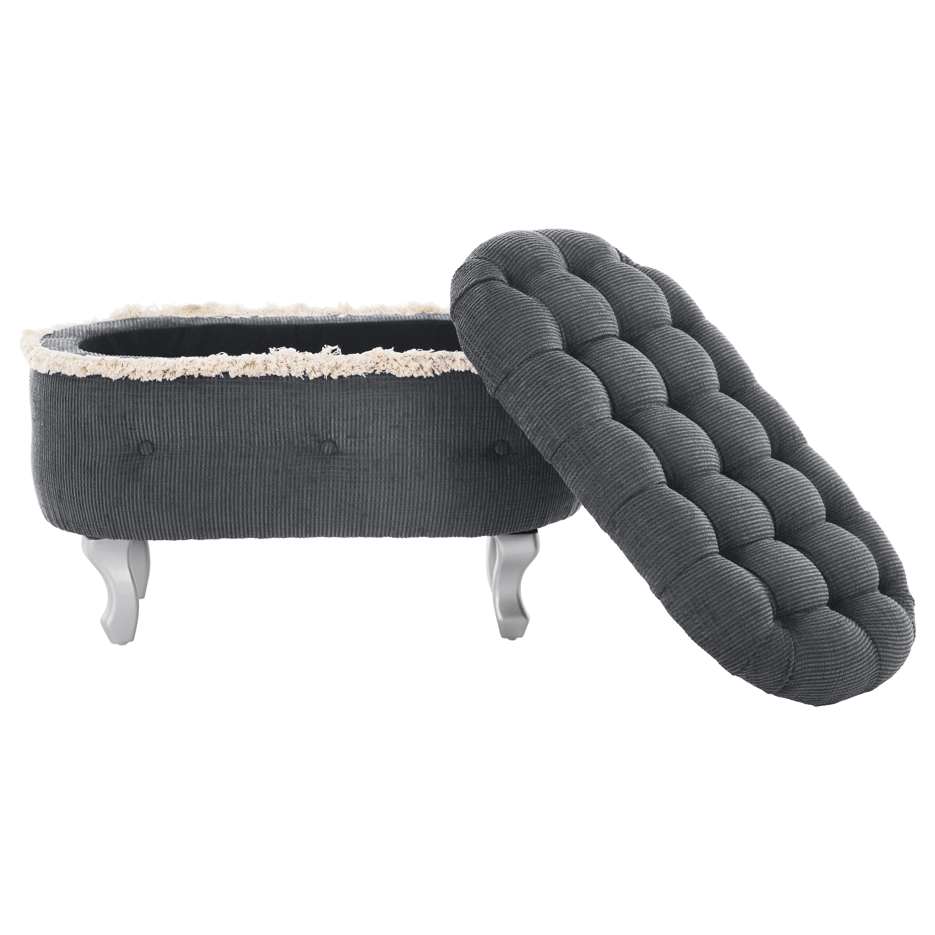 Storage Ottoman Bench with Tufted Design and Tassel Fringe, Multi-Functional Bench for Bedroom Footboard, Entryway Shoe Storage, or Window Seat, High-Density Foam, Grey (29.5"L)