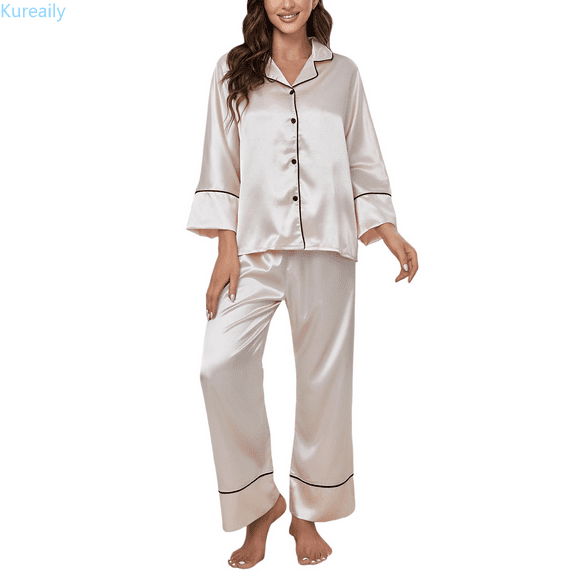 Kureaily Women's Classic Button Down Long Satin Silk Pajama Set Soft Pjs Lounge Sets