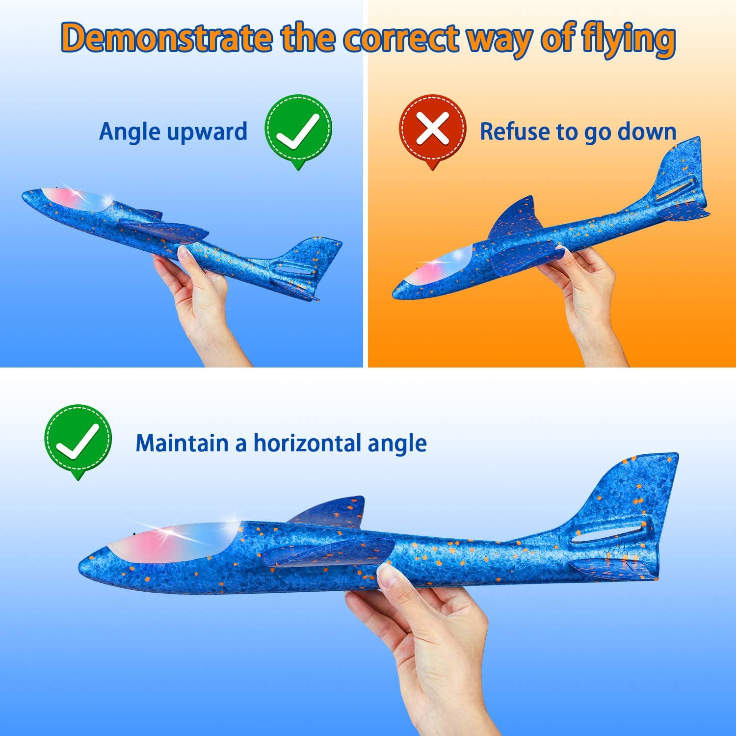LNKOO 2 Pcs Flying Glider Planes, 18.9" Foam Flight Mode Throwing Air Plane with Flash LED Light Aerobatic Airplane Outdoor Sport Game Toys for Kids 3 4 5 6 7 Year Old Boy Birthday Christmas Gift