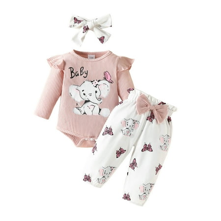 

Baby Girl Fall Winter Outfits Cute Ruffle Long Sleeve Ribbed Romper Top Bow Pants With Headband 3 Piece Size 0 Months-3 Months