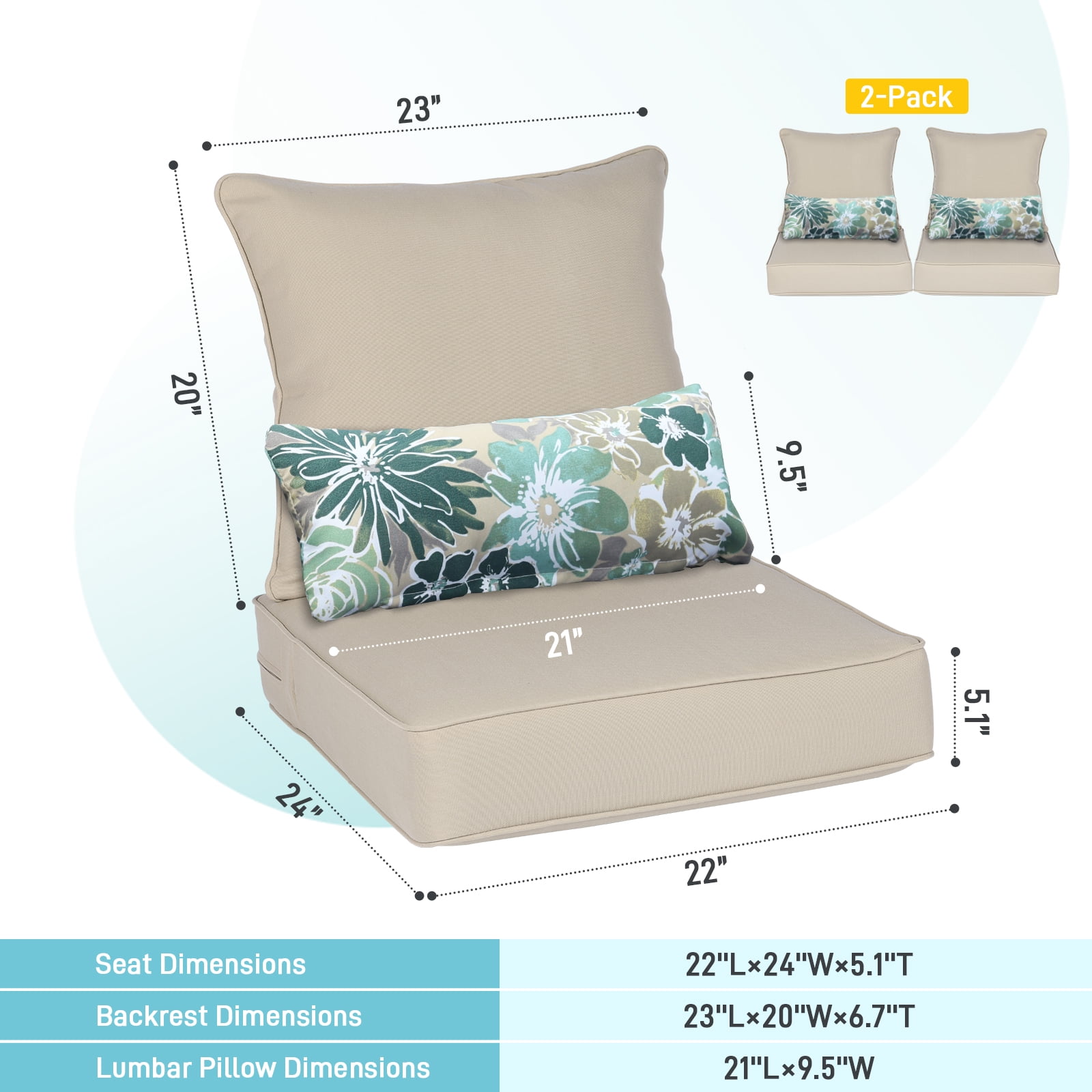 Aoodor 22"x24" Brown Patio Chair Cushions Set, Memory Foam Outdoor Seat Cushions (Set of 2 Seats, 2 Backs, 2 Lumbar Pillows)