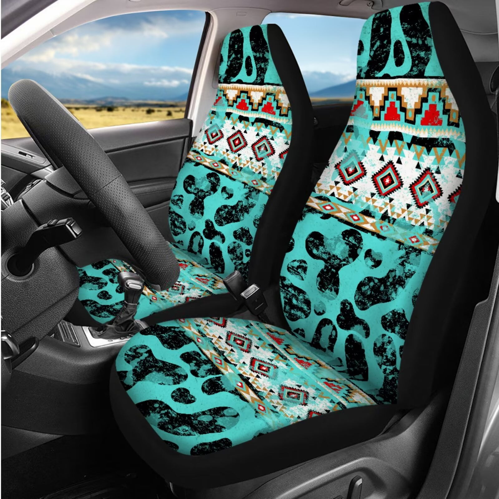 Yuyamidu Cow Print Car Seat Covers Full Set of 14 Cyan Aztec Steering Wheel Cover Seatbelt Shoulder Pad Car Headrest Covers Armrest Pad Key Ring Coasters for SUV Sedan