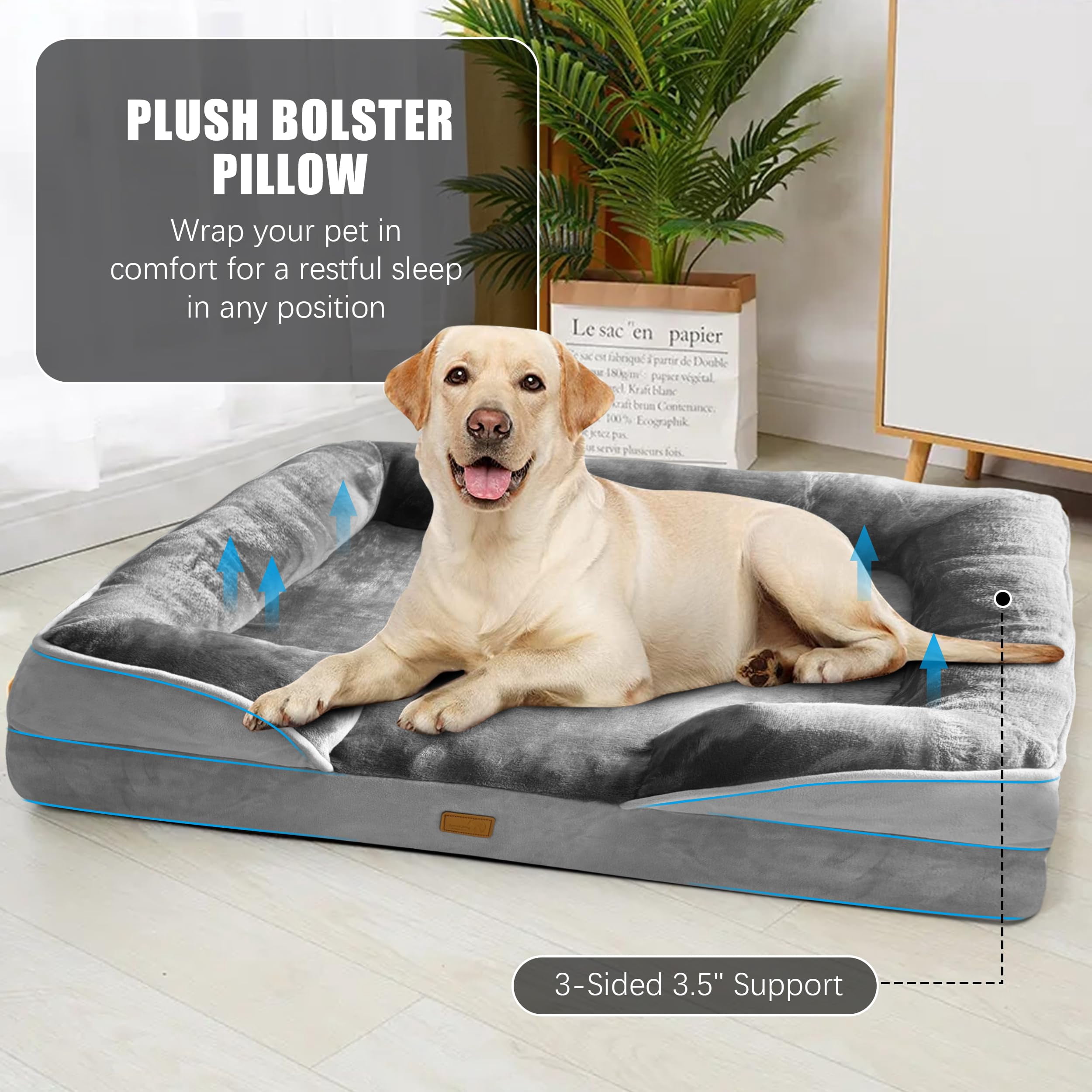 Dog Bed With Sides - Sofa Beds For Extra Large Dogs  Supportive Foam Pet Couch Washable Removable Cover Waterproof Lining And Non-slip Bottom Grey Xl-plus