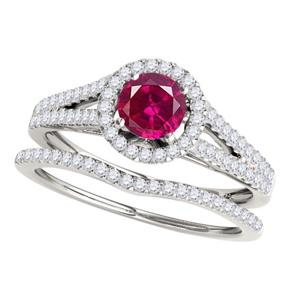 Aonejewelry 1.25 Ct. Ttw Halo Split Shank Created Ruby and Diamond Bridal Set In 14k White Gold