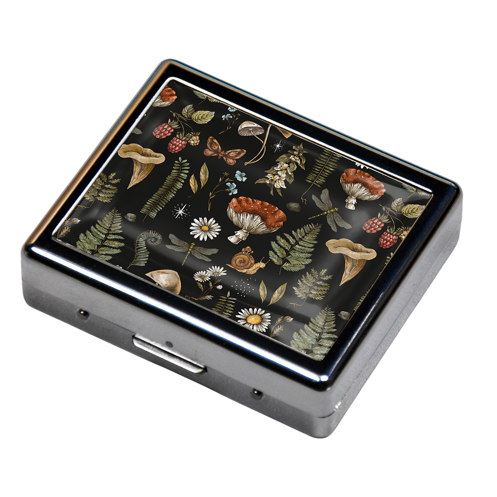 Mushroom illustration 7 Days Chromed Shiny Silver Pill Organizer with Mirror Inside Has 8 Separate Compartments Rectangle Cute Travel Pill Organizer for Purse 7 Days Pill Box Pill Case