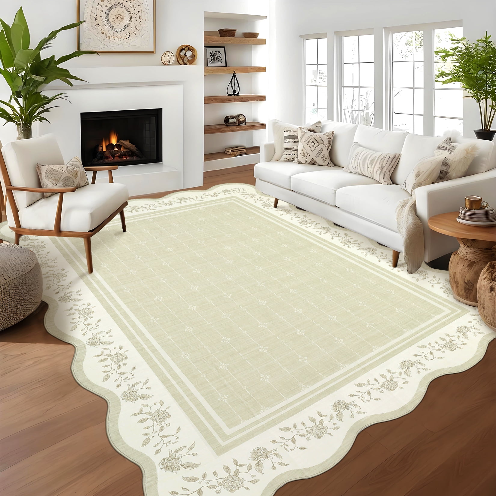 Garvee 10'x13' Scalloped Area Rug Modern Floral Bordered Carpet, Machine Washable Rug with Non Slip Backing Soft Foldable Mat for Living Room Bedroom Dining Room, Beige