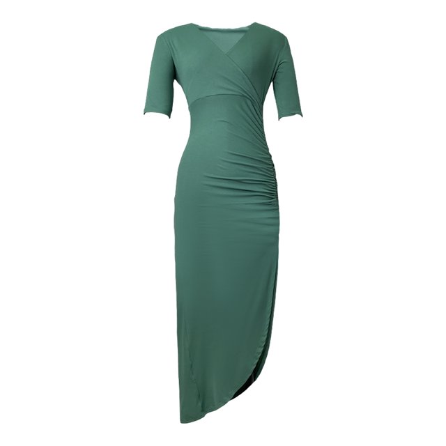 ZYHT 5847 Robe Élégante Décontractée Couleur Unie Coton Boutonnée Col en V Robes pour Femmes Bureau Manches Courtes Robe Midi
