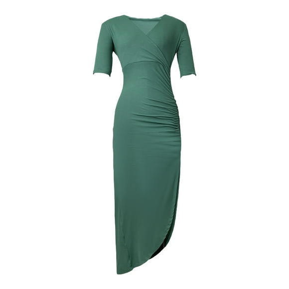 ZYHT 5847 Robe Élégante Décontractée Couleur Unie Coton Boutonnée Col en V Robes pour Femmes Bureau Manches Courtes Robe Midi