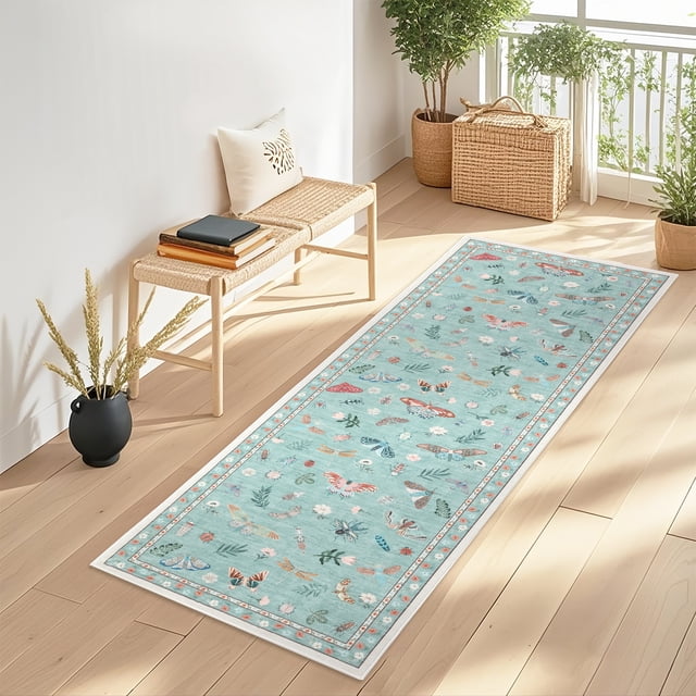 GlowSol 2x6 Charming Botanical Butterfly & Insect Washable Area Rug, Non-Slip Low-Pile Stain Resistant Floor Carpet for Living Room Bedroom Nursery Home Decor, Green