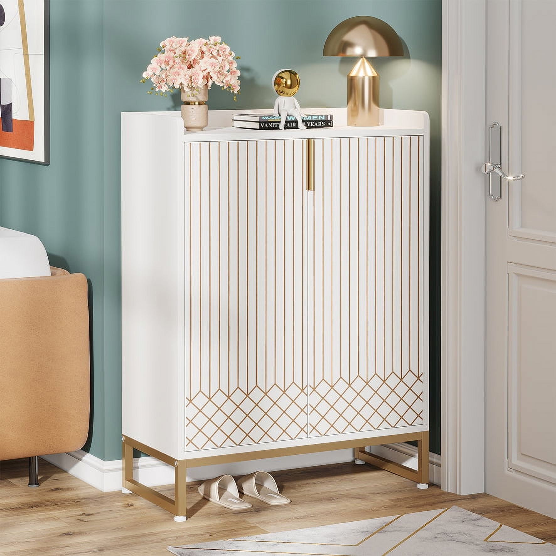 Tribesigns Shoe Cabinet for Entryway, 25 Pairs Shoe Cabinets with Doors, 5-Tier Wood Shoes Rack Organizer, White and Gold