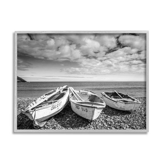 Vintage Rowboats on Rocky Beach Shore Nautical 30 in x 24 in Framed Photography Art Prints, by Stupell Home Décor