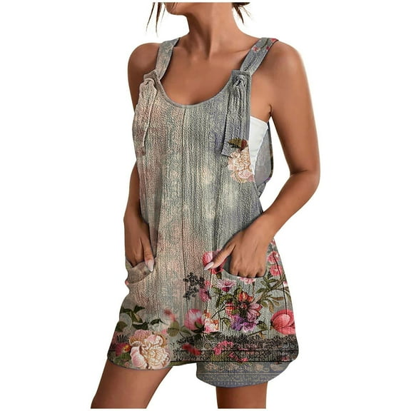 Buigttklop Women'S Romper Jumpsuit Summer Comfortable Casual Suspender Floral Printing Shorts Pocket Jumpsuit Shorts