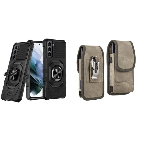 Case with Belt Holster Bundle for Samsung Galaxy S22: Heavy Duty Shield Cover (Black) and Vertical Rugged Denim Nylon Phone Pouch (Brown)