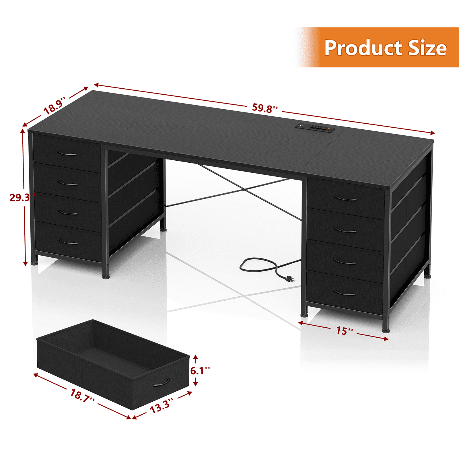 60 Inch Computer Desk with 8 Drawers, Home Office Desk with Power Outlets, Work Study Gaming Desk with 8 Fabric Drawers, Black