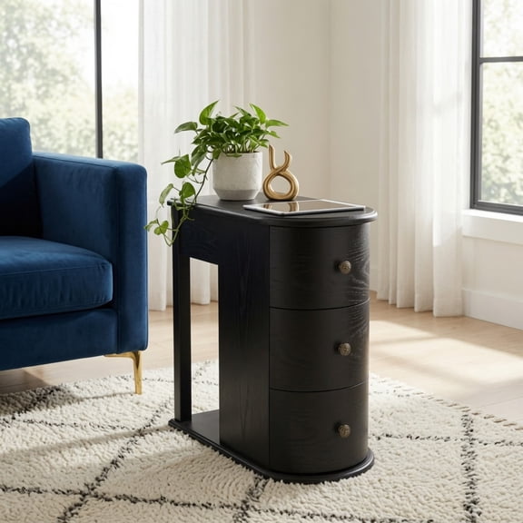 Modern End Table with Hidden Cup Holder Drawer, Charging Station & Pull-Out Side Table, Wooden Bedside Table with 2 Storage Drawers, Space Saving End Table for Bedroom & Living Room, Black