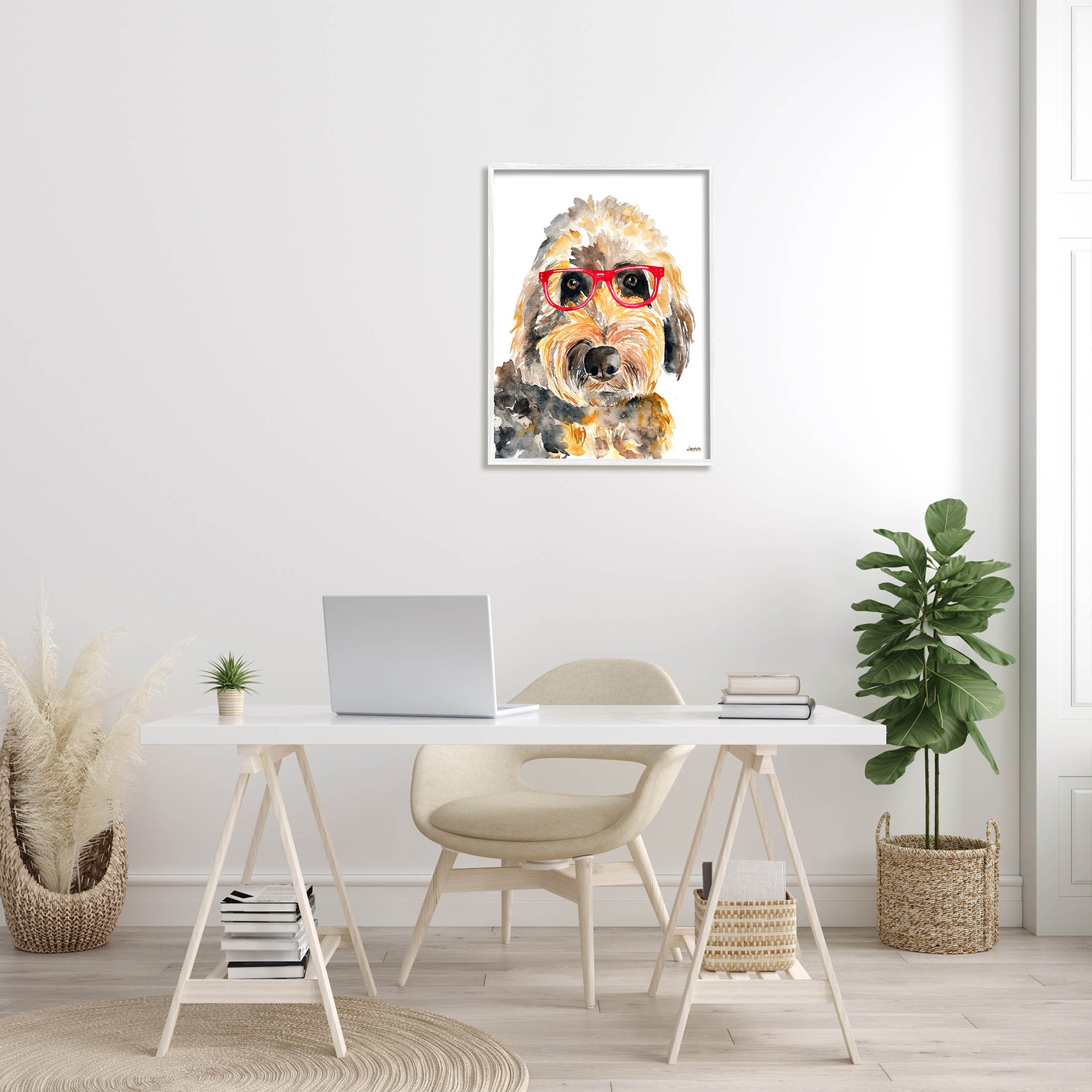 Fun Terrier Dog Red Glasses Animals & Insects Graphic Art White Framed Art Print Wall Art