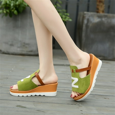 

SUODUI Women s Slippers Women s Beach Slope Heel Slippers Hollow Casual Slippers Slope Bottom Shoes Retro Sandals Green 7.5