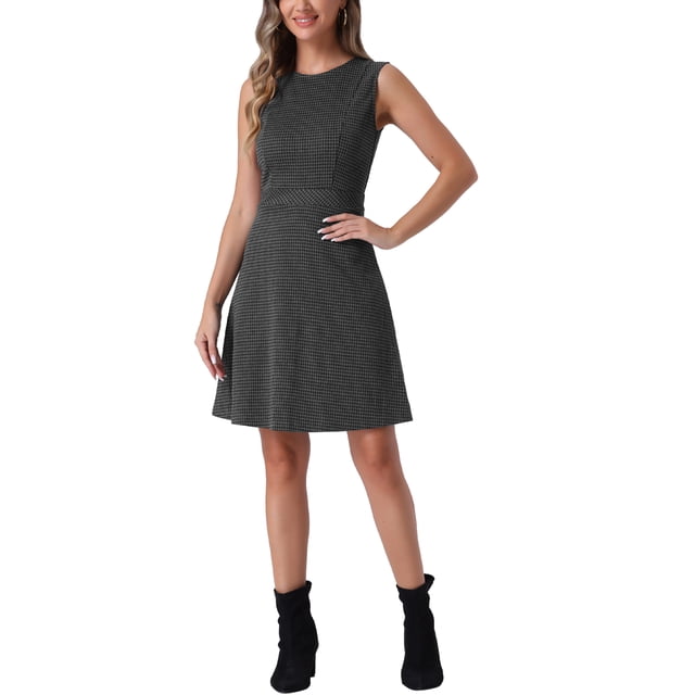 Vestido sin mangas de corte ajustado y acampanado de cuadros houndstooth para mujer, por encima de la rodilla, en negro y gris