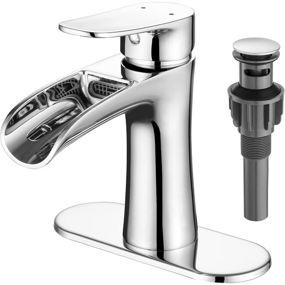 Waterfall Bathroom Faucet, Modern Single Handle Bathroom Faucets for 1 or 3 Hole Bathroom Sink Faucet Mixer Tap Washbasin Faucet with Deck and Pop-up Drain
