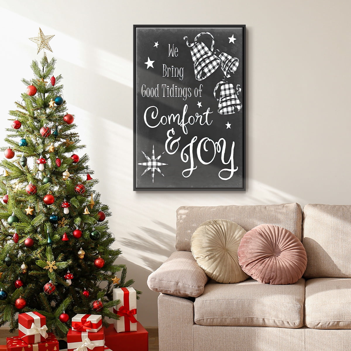 Comfort and Joy - Framed Gallery Wrapped Holiday Canvas - 17 x 25 - Black Frame