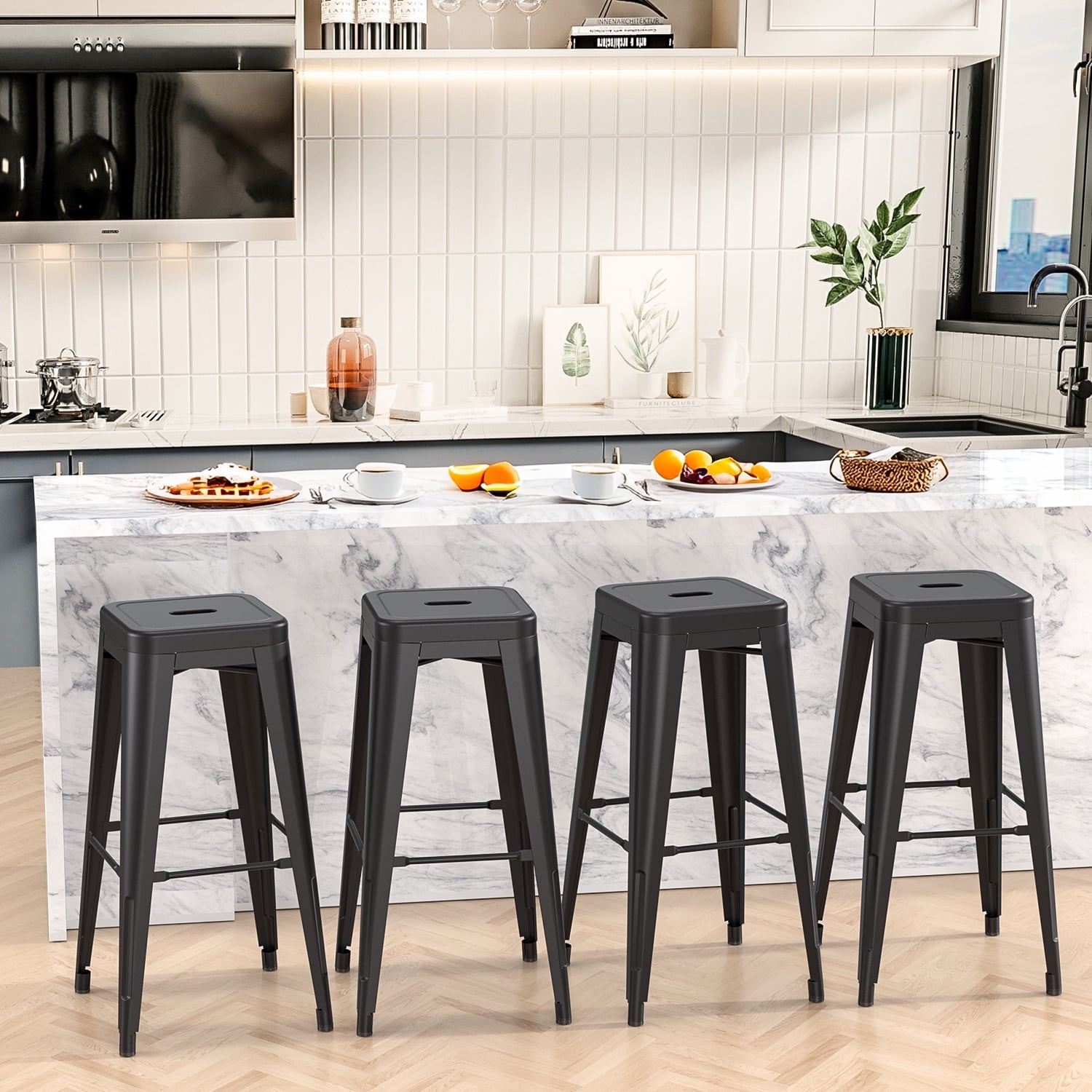 VOLIX 30inches Black Stackable Metal Bar Stool Backless Indoor-Outdoor Counter Stools Set of 4