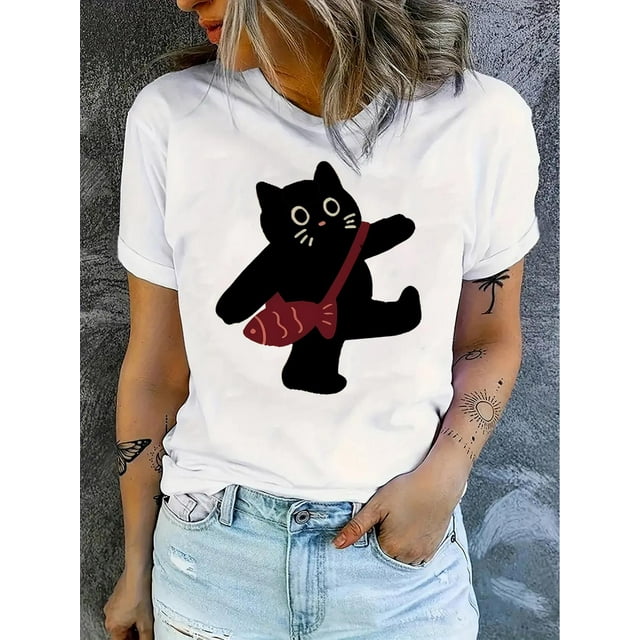 Camiseta de Verano para Mujer Women's Cute Cat & Fish Print T-Shirt - Casual Round Neck Short Sleeve Top, Stretchy Polyester Blend, Machine Washable - Perfect for SummerFather's Day, Mother's Day, N