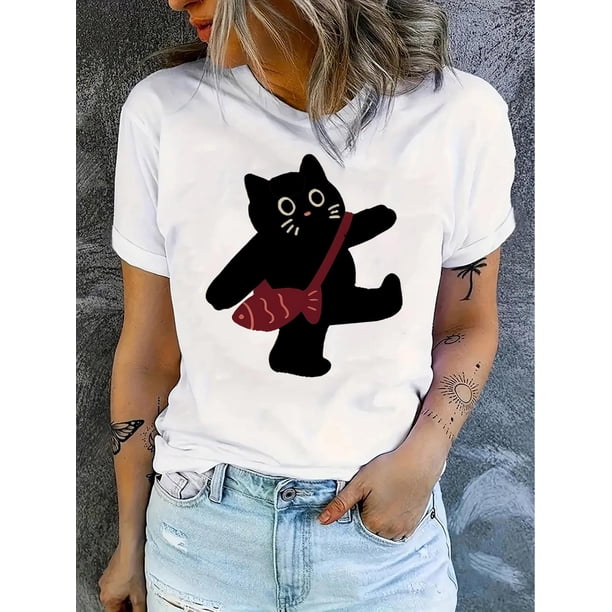 Camiseta de Verano para Mujer Women's Cute Cat & Fish Print T-Shirt - Casual Round Neck Short Sleeve Top, Stretchy Polyester Blend, Machine Washable - Perfect for SummerFather's Day, Mother's Day, N