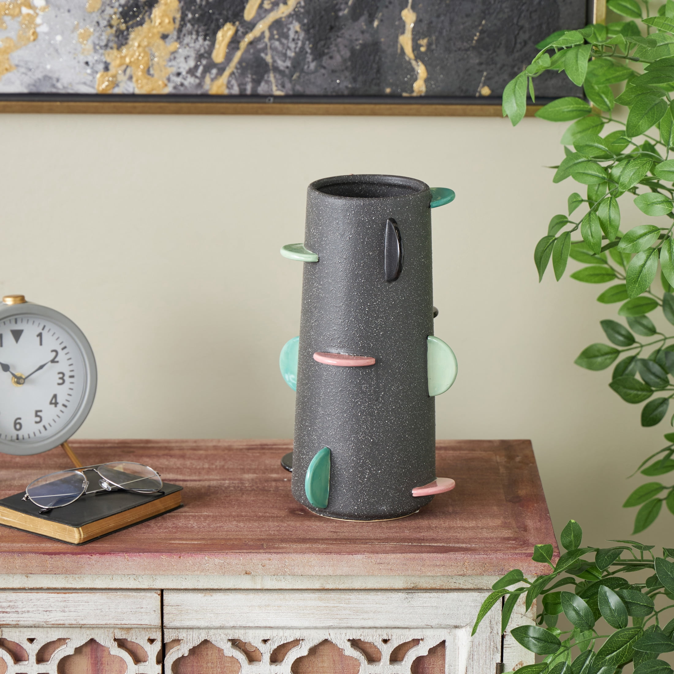 DecMode 12" Textured Black Ceramic Vase with Multicolor Half-Moon Accents