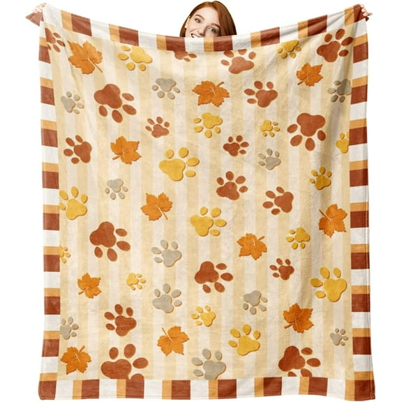 LHSHID Fall Cat Dog Paw Print Flannel Blanket Autumn Throw Blanket Birthday Thanksgiving Gifts for Pet Lovers Kids Men Women Maple Leaves Stripes Soft Blanket for Bedding Sofa 30x40in