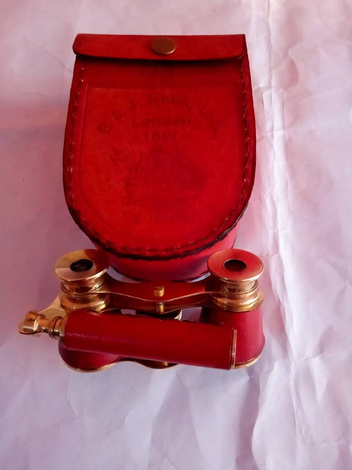 Vintage Nautical Brass Binoculars Red Binoculars with leather Box Leather Brass item