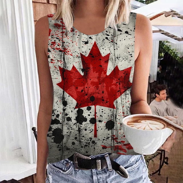 LSLJS Women Mode Décontractée Débardeur à Imprimé Floral Col Rond Sans Manches Tunique Tee Tops Débardeur Tops Sans Manches Célébrant l'Anniversaire du 1er Juillet
