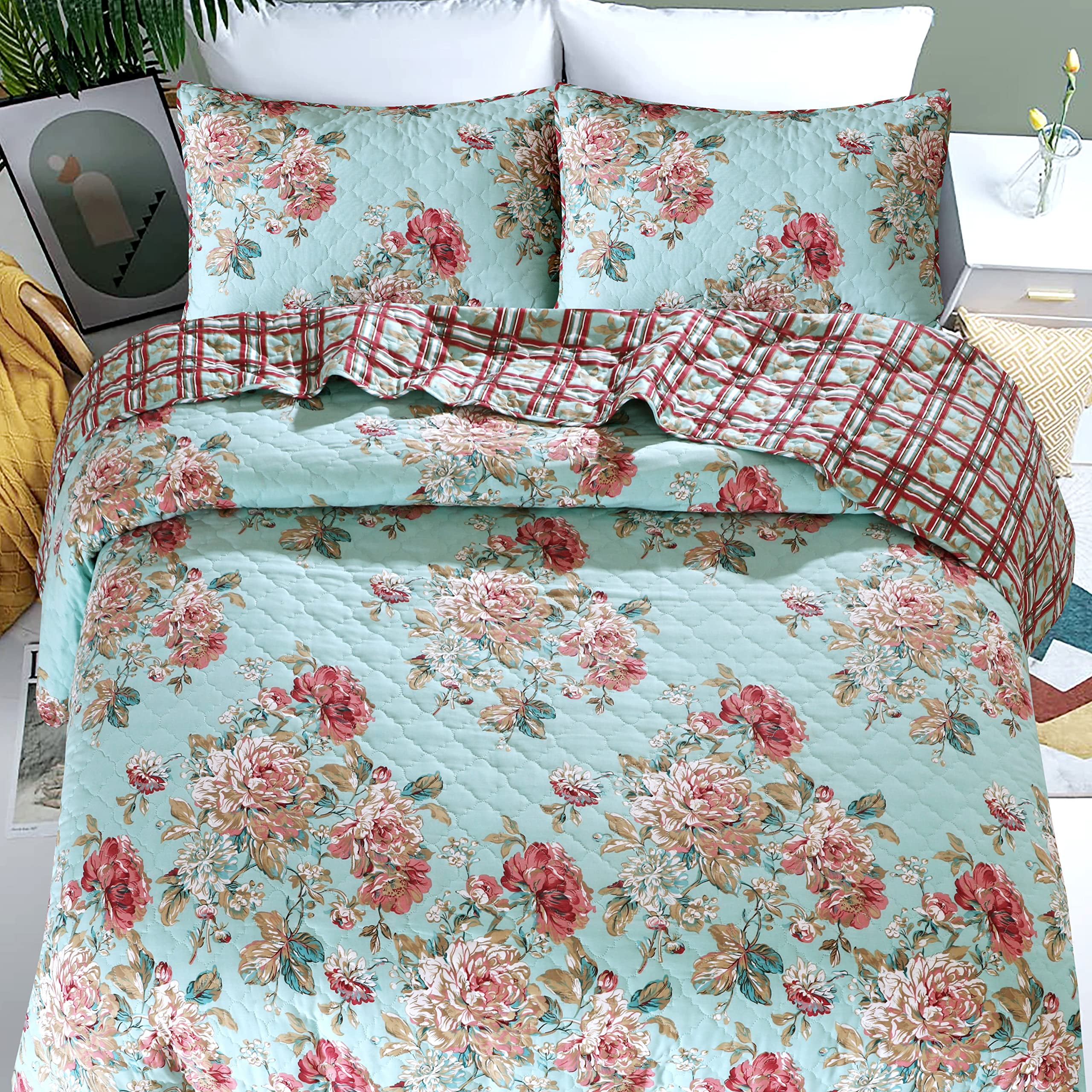RUVANTI 100% Cotton 3 Pcs Quilt Set Queen/Full Bedspreads, Lightweight Coverlet, Soft, Warm Comforter. All Season Quilts Queen Size Set Include Quilt & 2 Pillowcovers, Reversible Floral Bunch Design