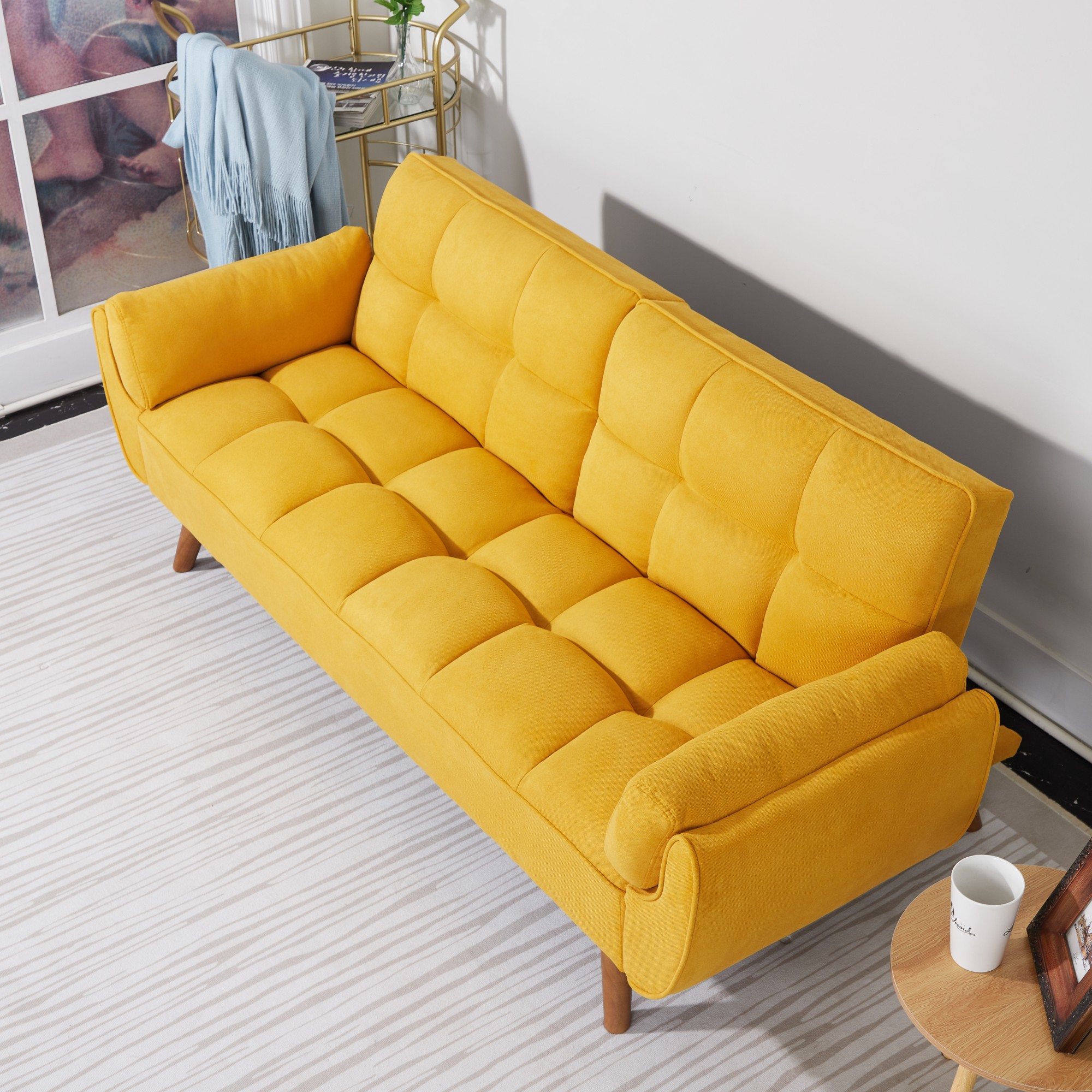 Gewnee Mid-Century Modern Yellow Sofa - Solid Eucalyptus Wood Frame, 500 lbs Capacity, S-Shaped Springs for Apartments, Living Rooms, Studies