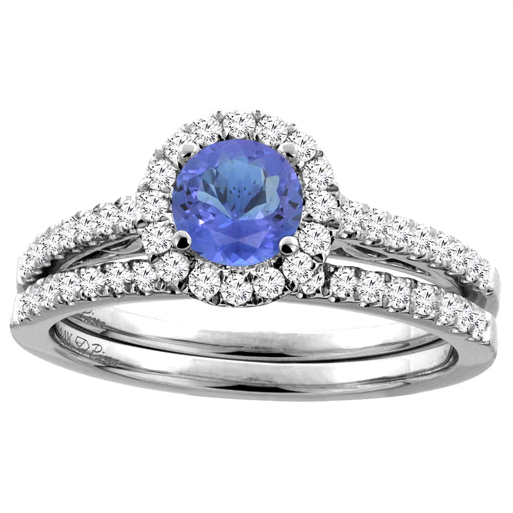 14K White Gold Diamond Natural Tanzanite Halo Engagement Bridal Ring Set Round 6 mm, size 5.5 by Gabriella Gold