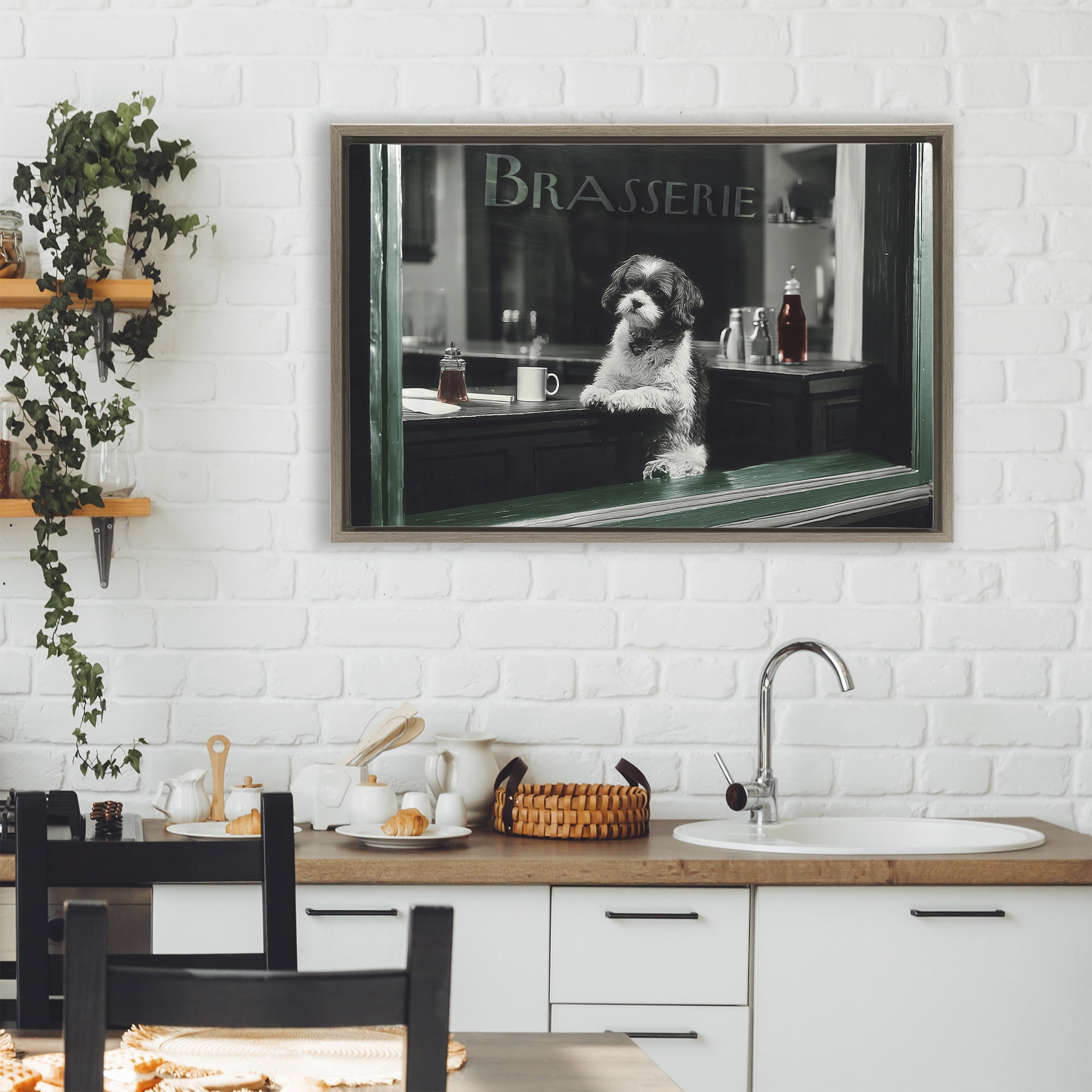 Stupell Industries Brasserie Vintage Dog in Window Brown Framed Floater Canvas Wall Art, design by Annabelle Hall