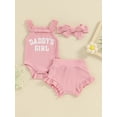 thumbnail image 2 of Bslissey Baby Girls Summer Outfits 3M 6M 12M 18M Sleeveless Letter Print Romper Cami Tops + Elastic Ruffle Trim Shorts Sets Newborn Infant Cute 3Pcs Clothes, 2 of 8